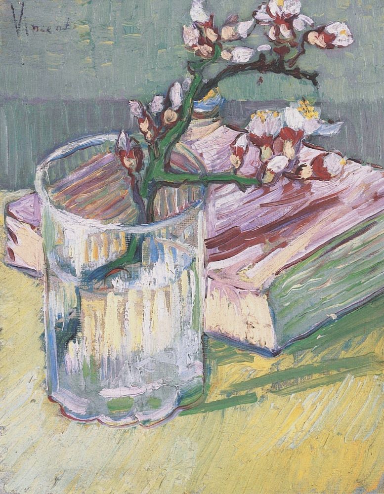 Blossoming Almond Branch in a Glass with a Book, 1888