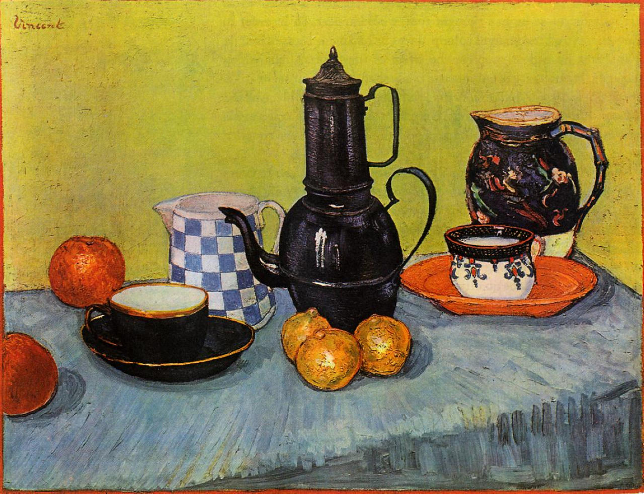 Blue Enamel Coffeepot, Earthenware and Fruit, 1888