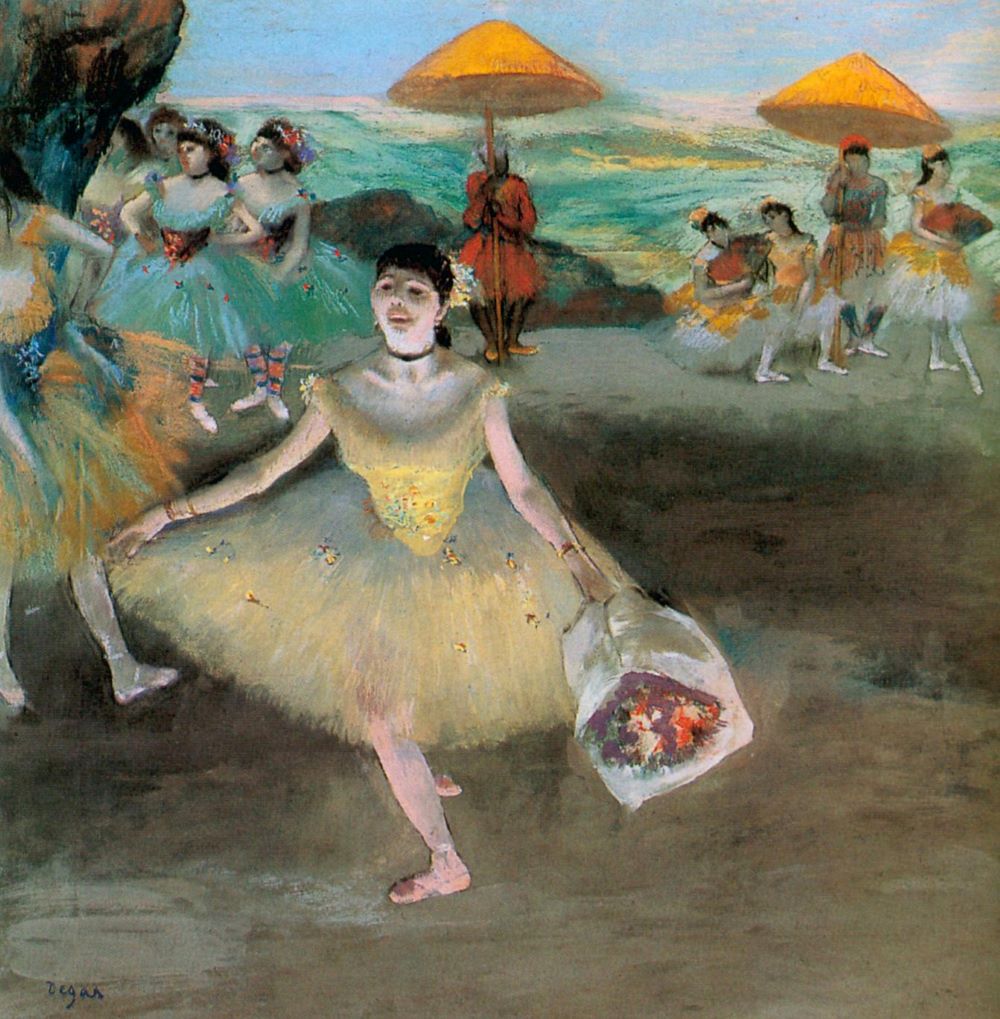 A dancer holding a bouquet of flowers paying respects