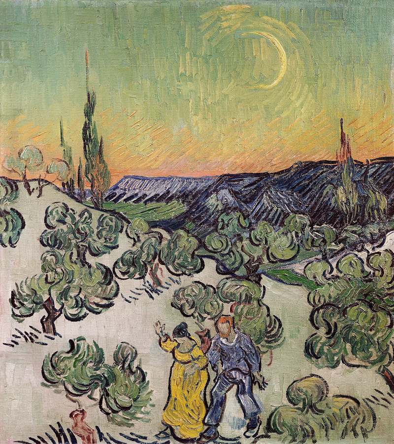 Landscape with Couple Walking and Crescent Moon