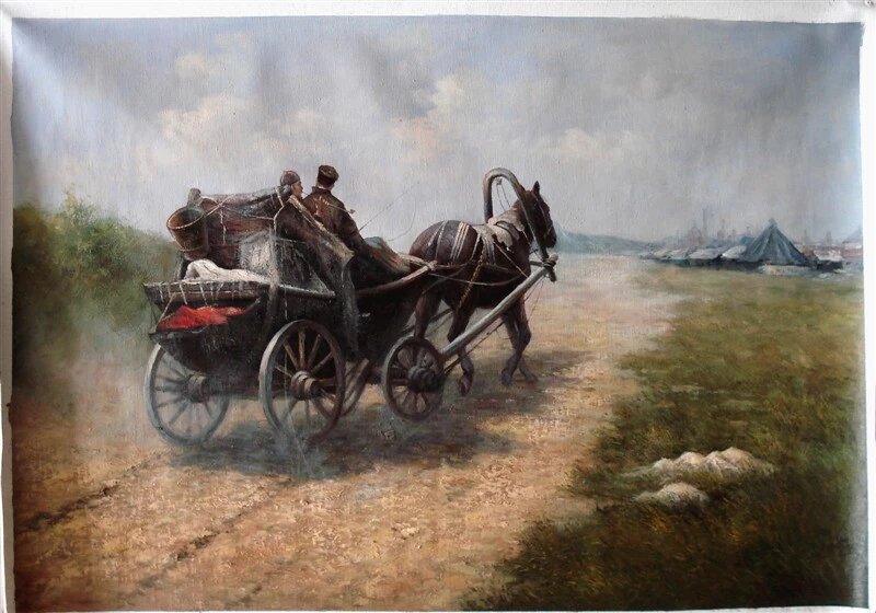 Realistic Horse - Drawn Carriage Painting - Rural Scene Art