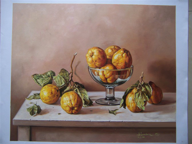 Realistic Citron Still Life Painting - Glass Dish & Fruits Art