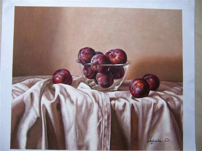  Realistic Plum Still Life Painting - Glass Bowl & Fruits Art