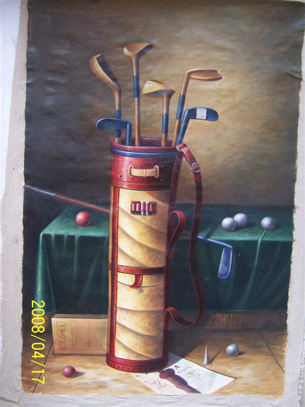Realistic Golf Still Life Painting - Clubs, Bag & Balls Art