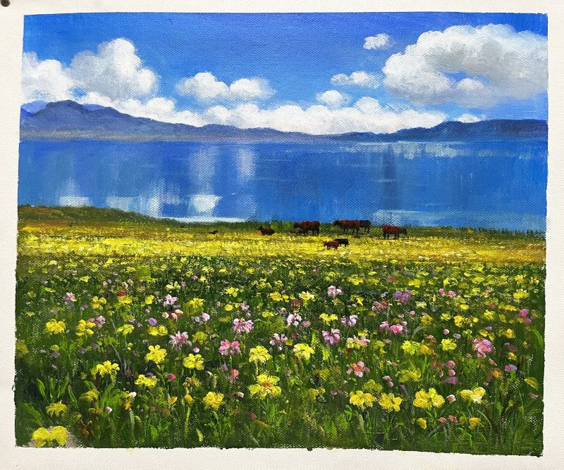 Vibrant Meadow by the Lake
