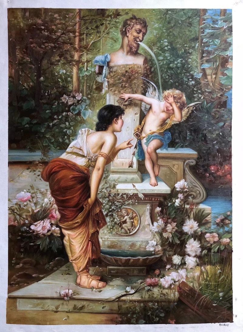  Classical Myth - Themed Figure Oil Painting - Woman, Cherub & Statue