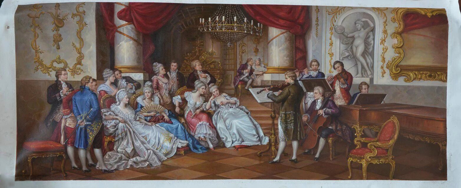 Own this charming oil painting featuring a grand classical indoor musical gathering. Perfect for art collectors, lovers of classical music and culture, and those seeking elegant decor. The painting ca