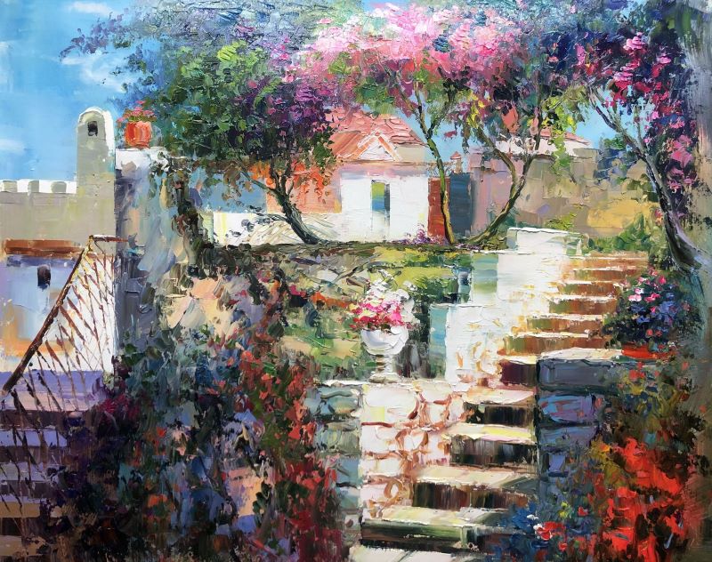 Mediterranean Garden Palette Knife Oil Painting – Colorful Villa Landscape