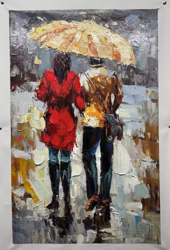 Romantic Couple Walking in the Rain – Palette Knife Oil Painting on Canvas, Handmade Modern Wall Art