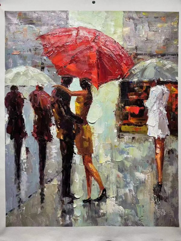 Romantic Couple Walking in the Rain Oil Painting